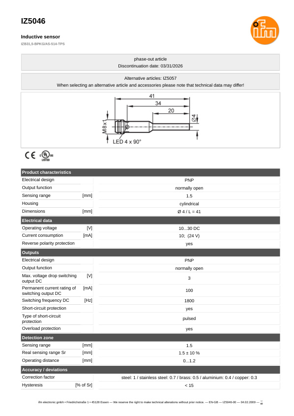 IZ5046 \ Inductive sensor \ Range 1.5 mm \ PNP NO \ Ø 4 \ connector M8 datasheet