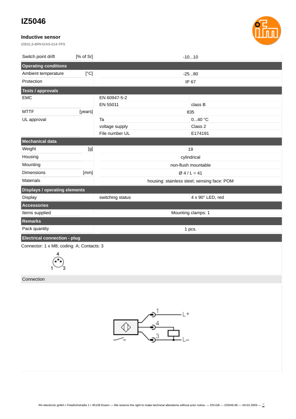 IZ5046 \ Inductive sensor \ Range 1.5 mm \ PNP NO \ Ø 4 \ connector M8 datasheet