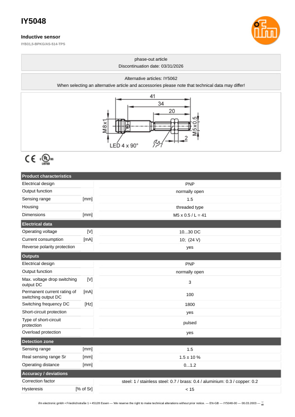 IY5048 \ Inductive sensor \ Range 1.5 mm \ PNP NO \ M5 \ connector M8 datasheet