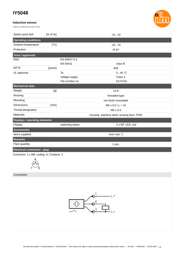 IY5048 \ Inductive sensor \ Range 1.5 mm \ PNP NO \ M5 \ connector M8 datasheet