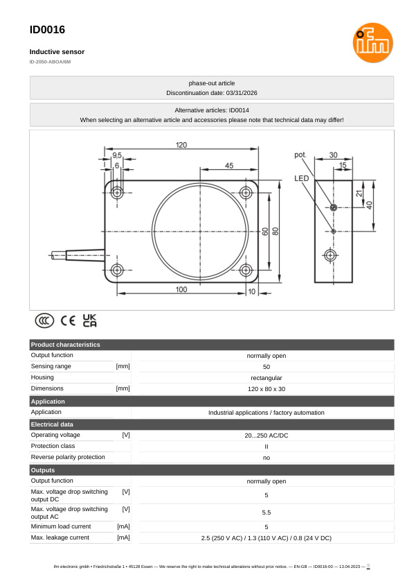 ID0016 \ Inductive sensor \ Range50 mm \ AC/DC NO \ 120 x 80 x 30 mm \ Cable PVC 6 m datasheet