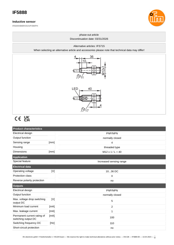 IF5888 \ Inductive sensor \ Range 4 mm \ PNP/NPN NC \ M12 \ Cable PUR 3m datasheet