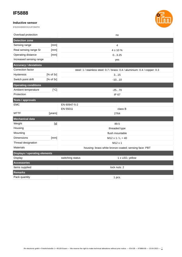 IF5888 \ Inductive sensor \ Range 4 mm \ PNP/NPN NC \ M12 \ Cable PUR 3m datasheet