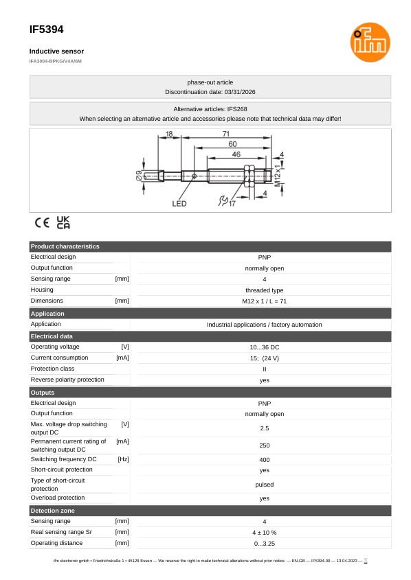 IF5394 \ Inductive sensor \ Range 4 mm \ PNP NO \ M12 \ Cable PVC 6 m datasheet