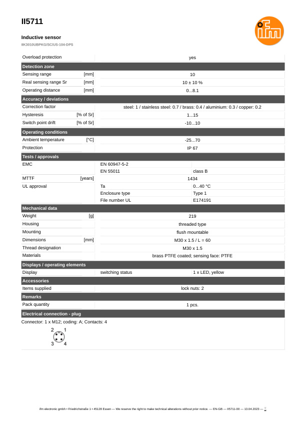 II5711 \ Inductive sensor \ Range 10 mm \ PNP NO \ M30 \ Connector M12 datasheet