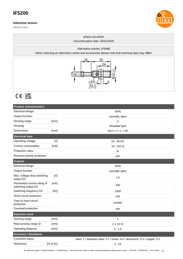 IF5200 \ Inductive sensor \ Range 2 mm \ NPN NO \ M12 \ Cable PVC 2m datasheet