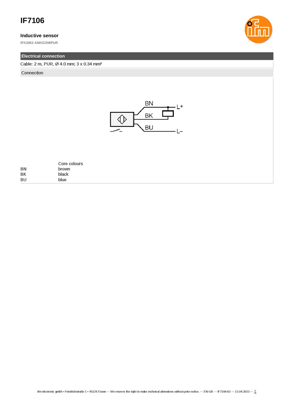 IF7106 \ Inductive sensor \ Range 2 mm \ NPN NO \ M12 \ Cable PUR 2 m datasheet