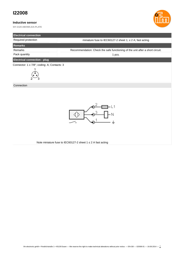 I22008 \ Inductive sensor \ Range30...120 mm \ AC NO \ Ø 164 \ Connector 7/8" datasheet