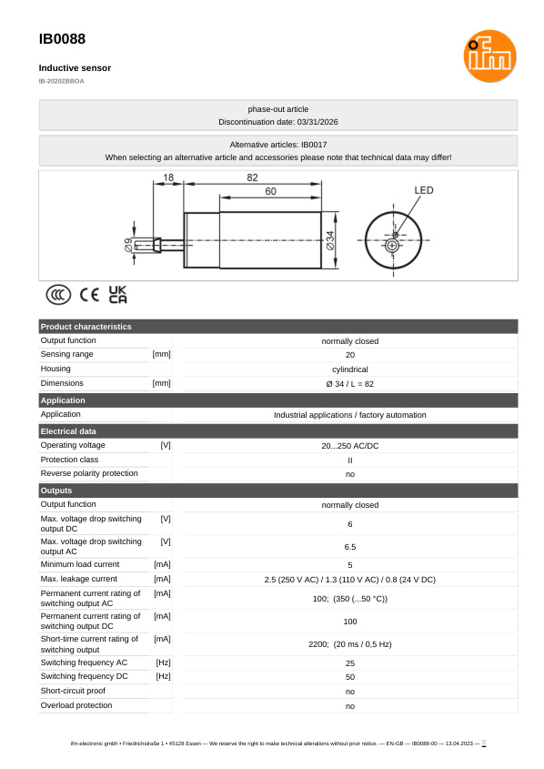 IB0088 \ Inductive sensor \ Range20 mm \ AC/DC NC \ Ø34 \ Cable 2 m, silicone datasheet