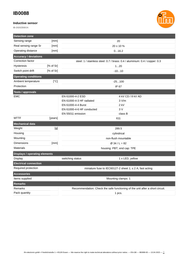 IB0088 \ Inductive sensor \ Range20 mm \ AC/DC NC \ Ø34 \ Cable 2 m, silicone datasheet