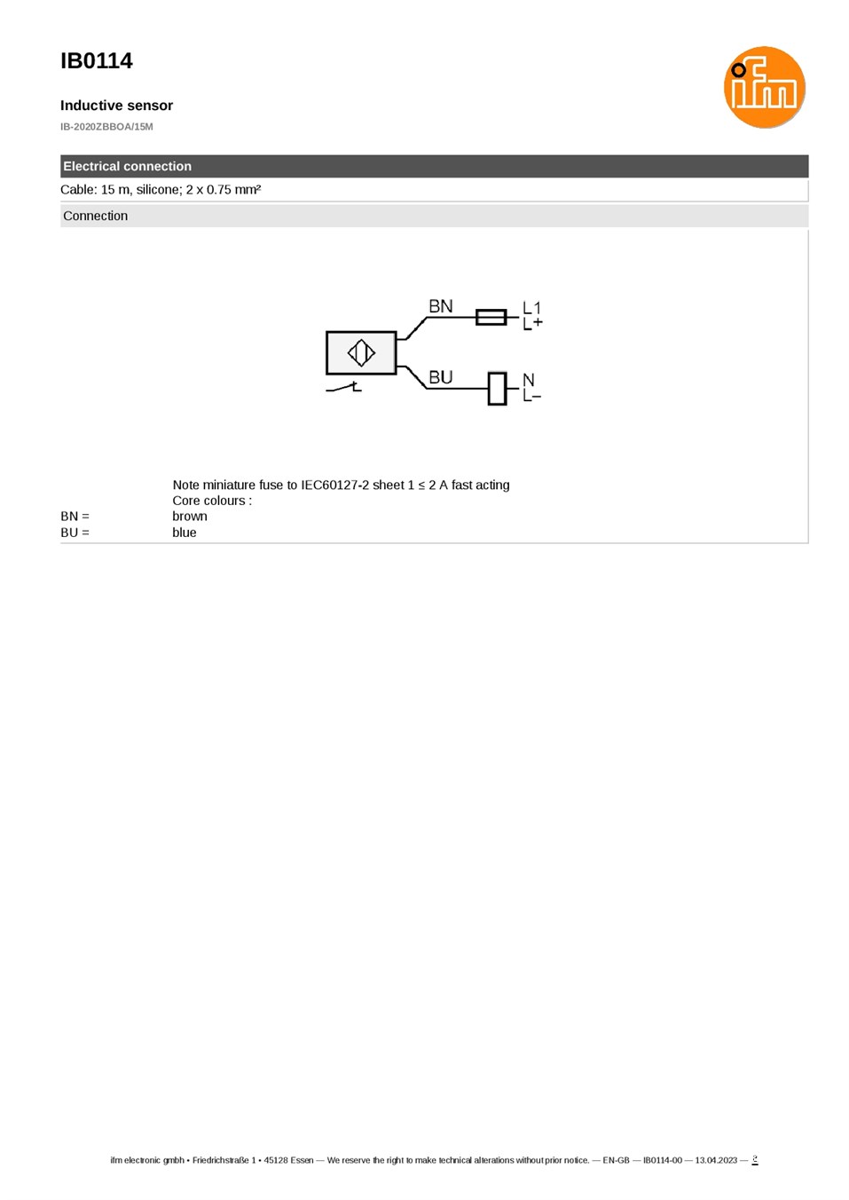 IB0114 \ Inductive sensor \ Range 20 mm \ AC/DC NC \ Ø 34 \ Cable silicone 15 m datasheet