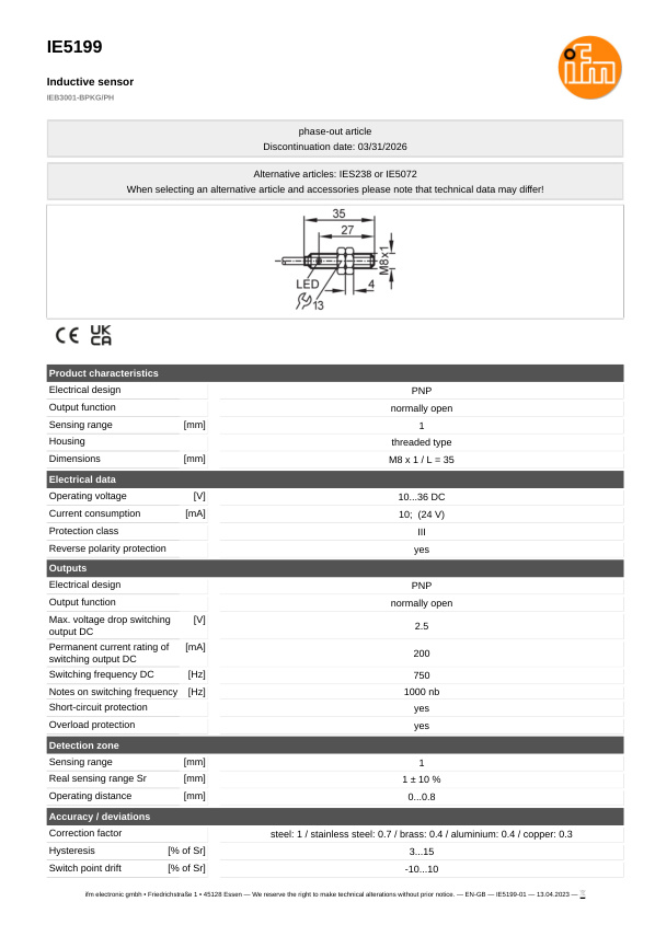 IE5199 \ Inductive sensor \ Range 1 mm \ PNP NO \ M8 \ Cable PUR 2m datasheet