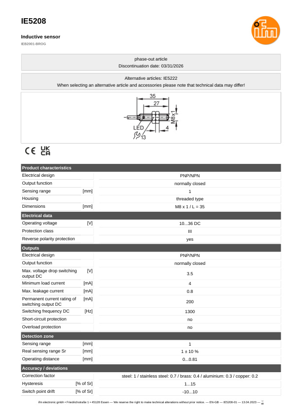 IE5208 \ Inductive sensor \ Range 1 mm \ PNP/NPN NC \ M8 \ Cable PVC 2 m datasheet