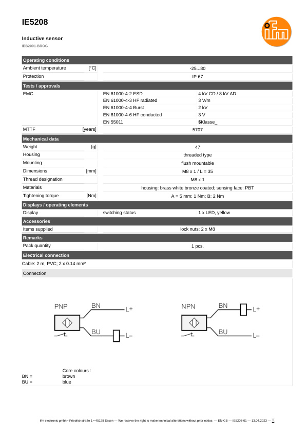 IE5208 \ Inductive sensor \ Range 1 mm \ PNP/NPN NC \ M8 \ Cable PVC 2 m datasheet