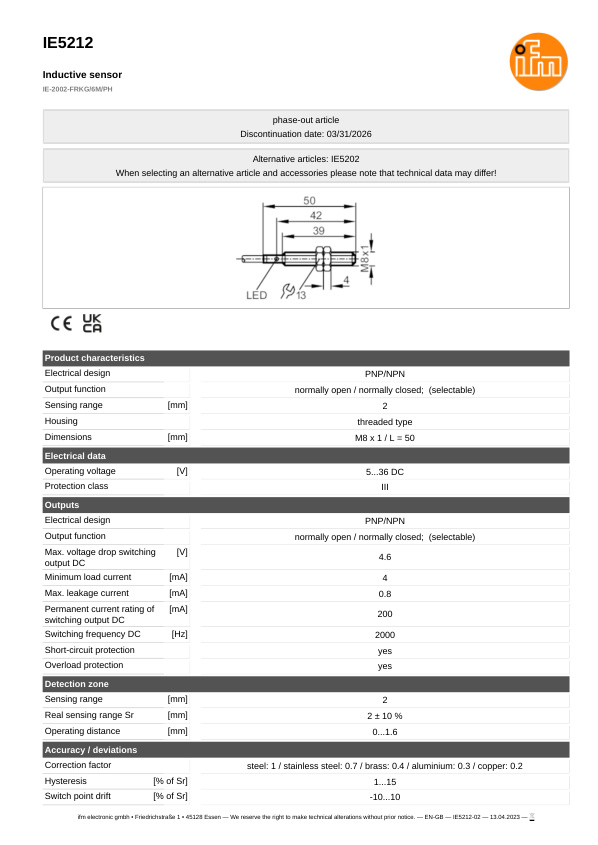 IE5212 \ Inductive sensor \ Range 2 mm \ PNP/NPN NO/NC \ M8 \ Cable PUR 6m datasheet