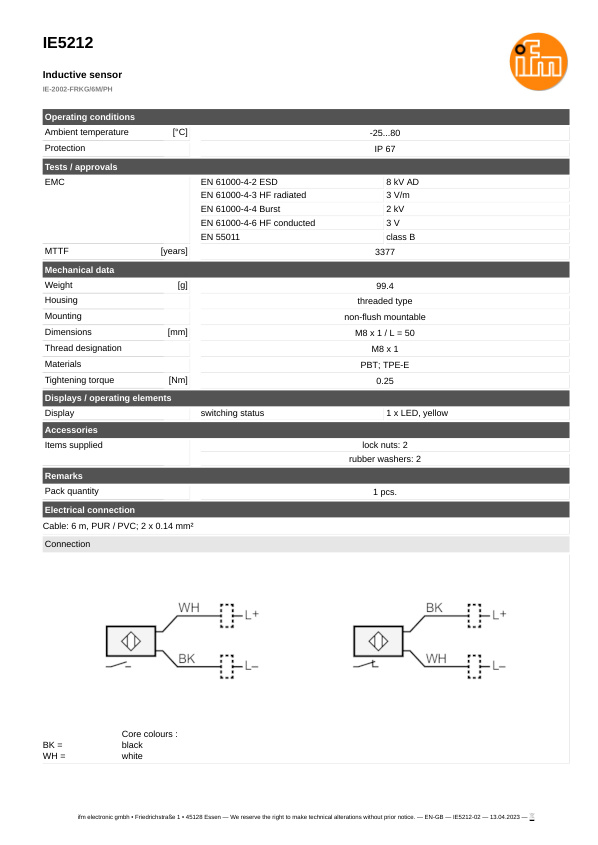 IE5212 \ Inductive sensor \ Range 2 mm \ PNP/NPN NO/NC \ M8 \ Cable PUR 6m datasheet