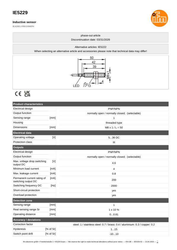 IE5229 \ Inductive sensor \ Range 1 mm \ PNP/NPN NO/NC \ M8 \ Cable PUR 6m datasheet