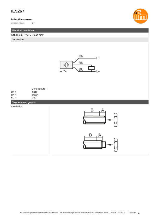IE5267 \ Inductive sensor \ Range 1 mm \ PNP NO \ M8 \ Cable PVC 2m datasheet