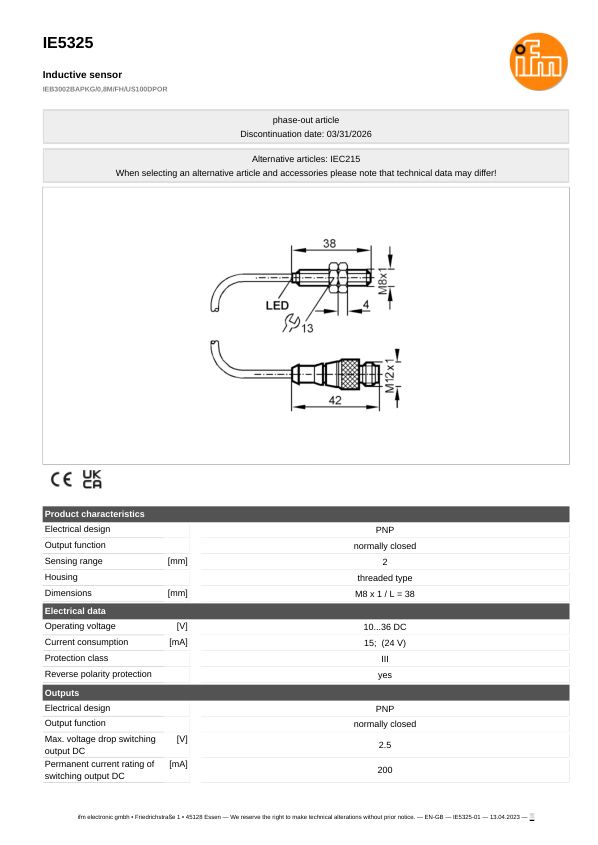 IE5325 \ Inductive sensor \ Range 2 mm \ PNP NC \ M8 \ Connector M12 datasheet