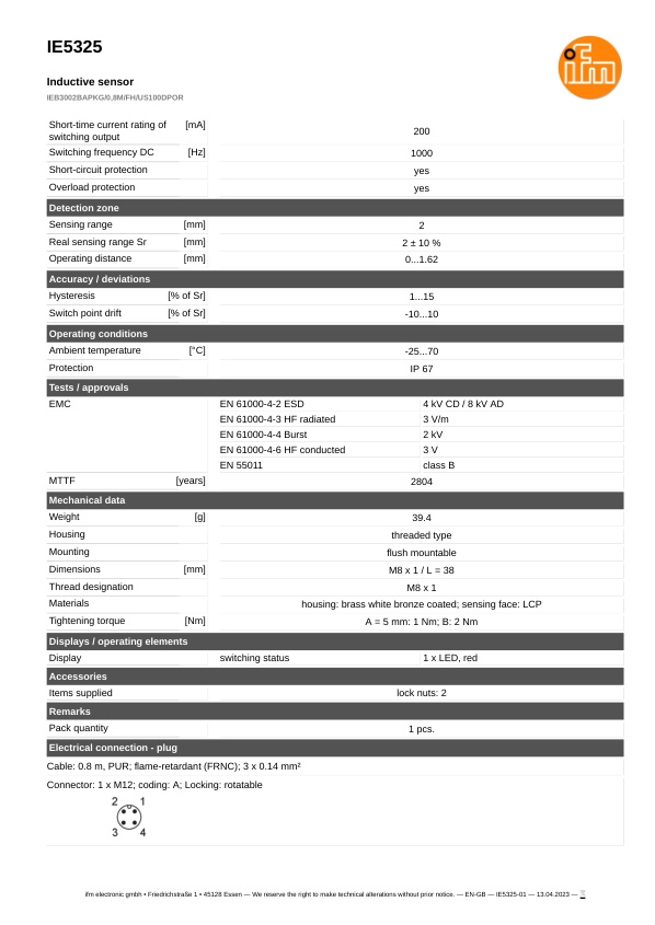 IE5325 \ Inductive sensor \ Range 2 mm \ PNP NC \ M8 \ Connector M12 datasheet