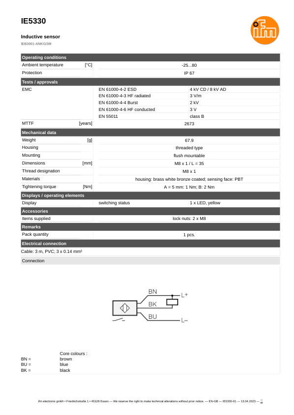 IE5330 \ Inductive sensor \ Range 1 mm \ NPN NO \ M8 \ Cable PVC 3m datasheet