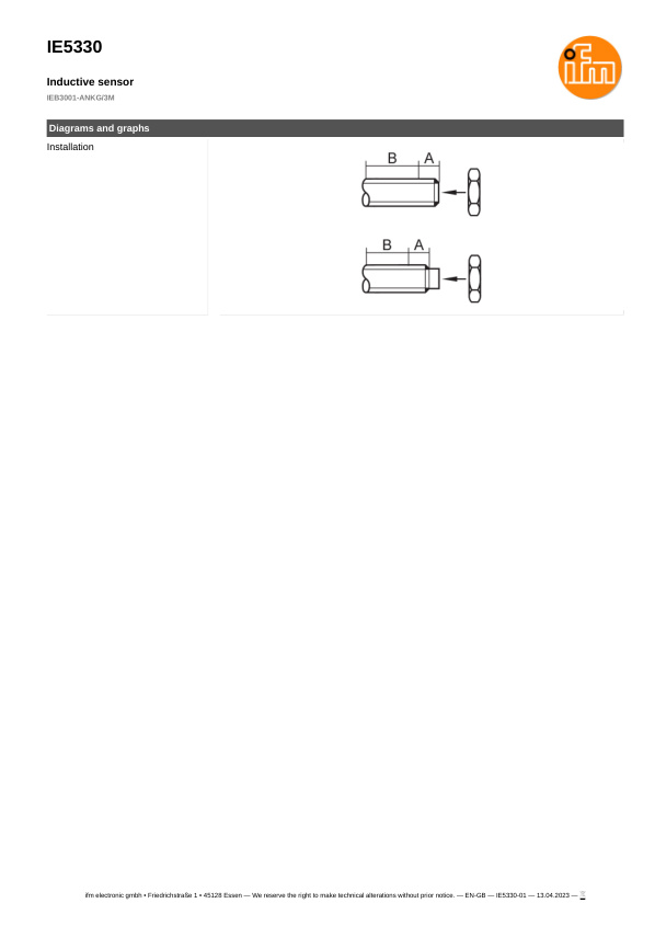 IE5330 \ Inductive sensor \ Range 1 mm \ NPN NO \ M8 \ Cable PVC 3m datasheet