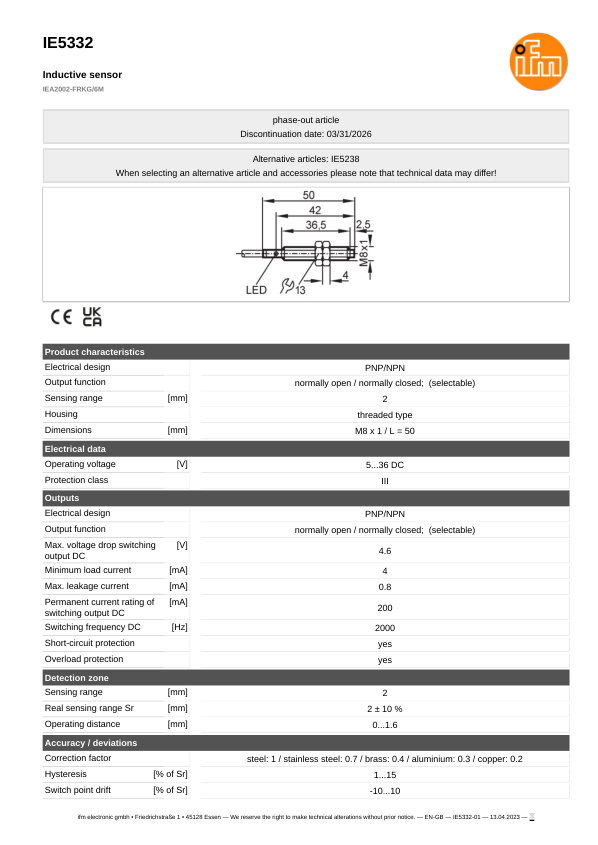 IE5332 \ Inductive sensor \ Range 2 mm \ PNP/NPN NO/NC \ M8 \ Cable PUR 6m datasheet