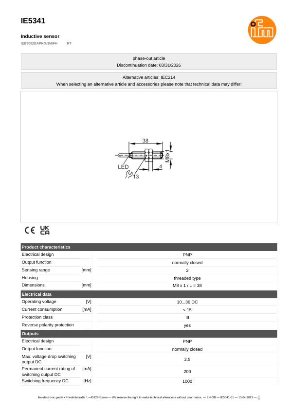 IE5341 \ Inductive sensor \ Range 2 mm \ PNP NC \ M8 \ Cable PUR 3m datasheet