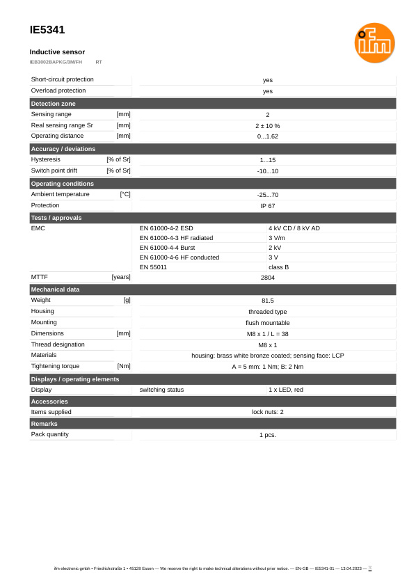 IE5341 \ Inductive sensor \ Range 2 mm \ PNP NC \ M8 \ Cable PUR 3m datasheet