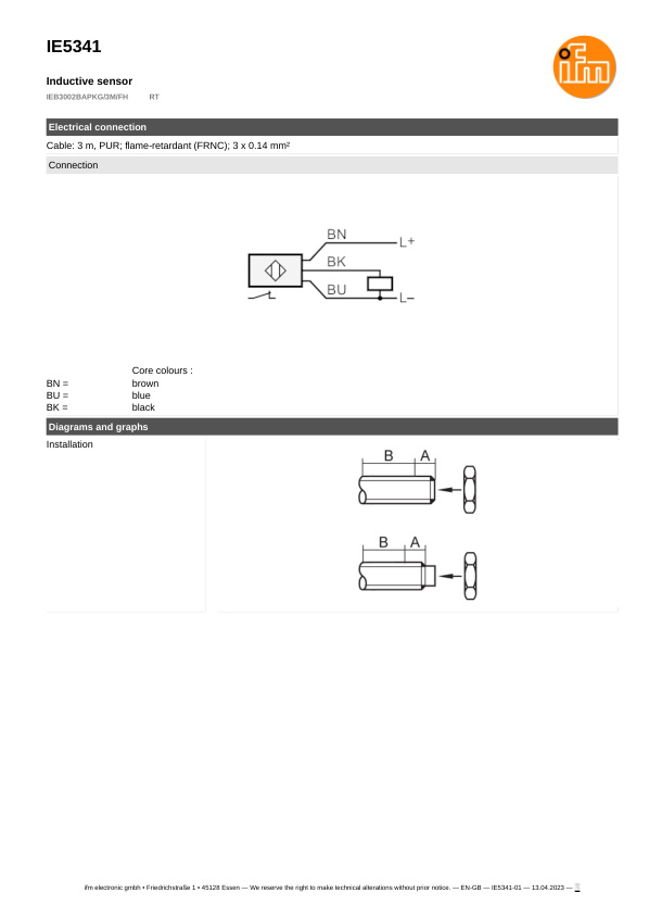 IE5341 \ Inductive sensor \ Range 2 mm \ PNP NC \ M8 \ Cable PUR 3m datasheet