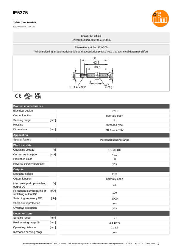 IE5375 \ Inductive sensor \ Range 2 mm \ PNP NO \ M8 \ Connector M8 datasheet