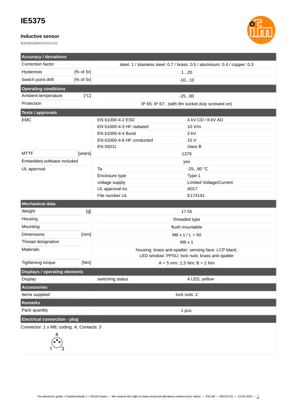 IE5375 \ Inductive sensor \ Range 2 mm \ PNP NO \ M8 \ Connector M8 datasheet