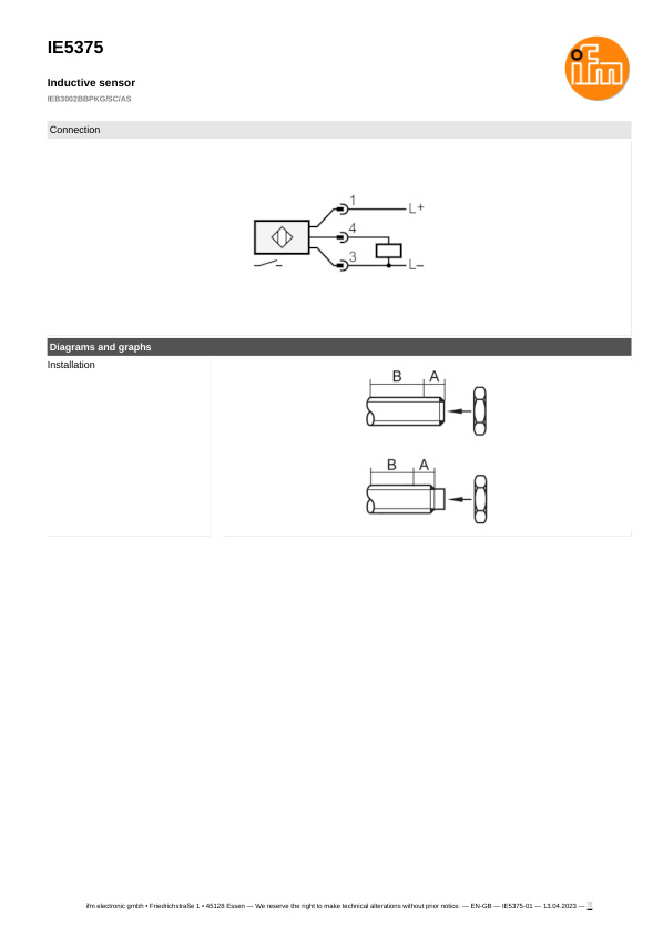 IE5375 \ Inductive sensor \ Range 2 mm \ PNP NO \ M8 \ Connector M8 datasheet