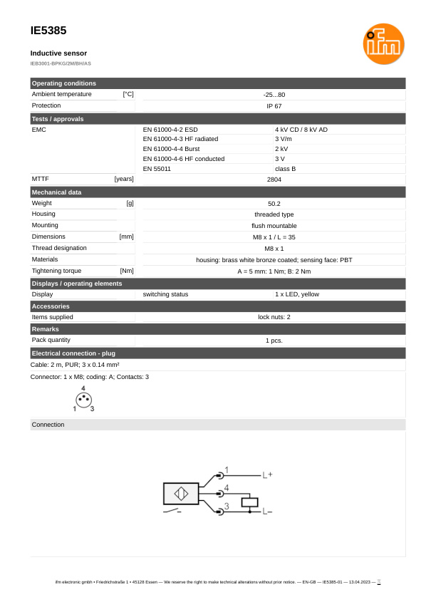 IE5385 \ Inductive sensor \ Range 1 mm \ PNP NO \ M8 \ Connector M8 datasheet