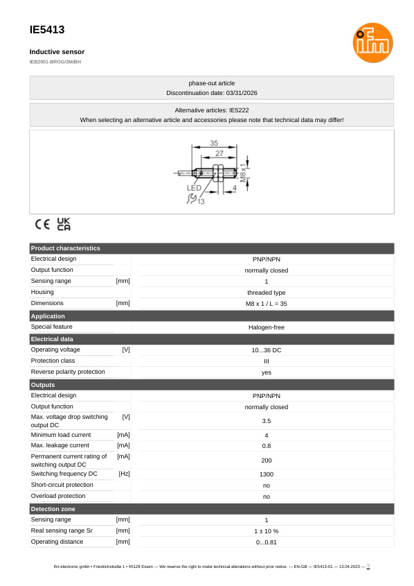IE5413 \ Inductive sensor \ Range 1 mm \ PNP/NPN NC \ M8 \ Cable PUR 3 m datasheet