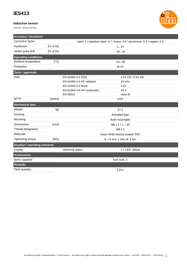 IE5413 \ Inductive sensor \ Range 1 mm \ PNP/NPN NC \ M8 \ Cable PUR 3 m datasheet