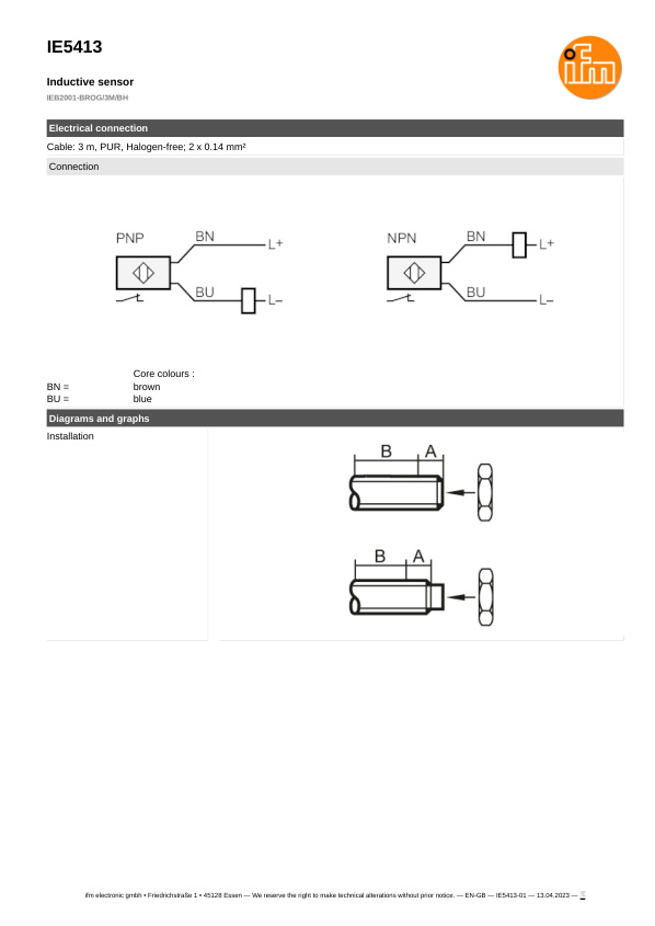 IE5413 \ Inductive sensor \ Range 1 mm \ PNP/NPN NC \ M8 \ Cable PUR 3 m datasheet