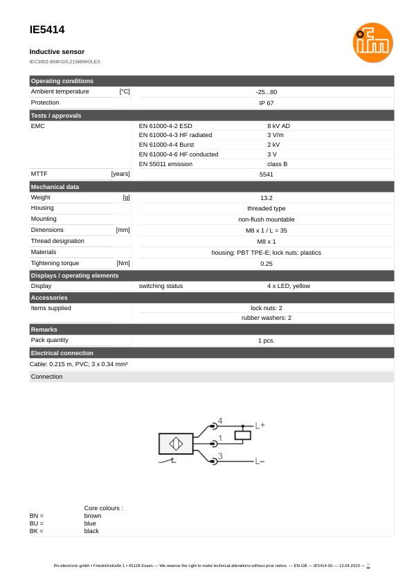 IE5414 \ Inductive sensor \ Range 2 mm \ NPN NC \ M8 \ Cable PVC 0.215 m+Connector MOLEX datasheet