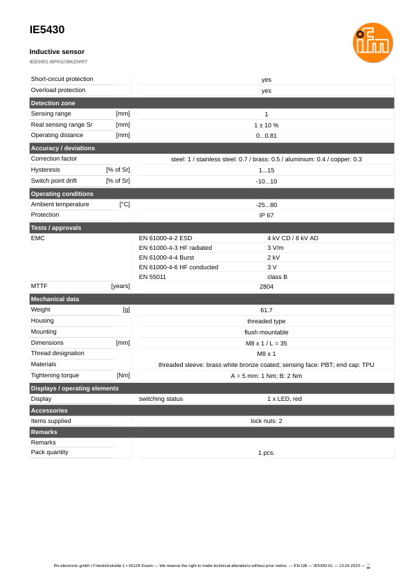 IE5430 \ Inductive sensor \ Range 1 mm \ PNP NO \ M8 \ Cable PUR 3m datasheet