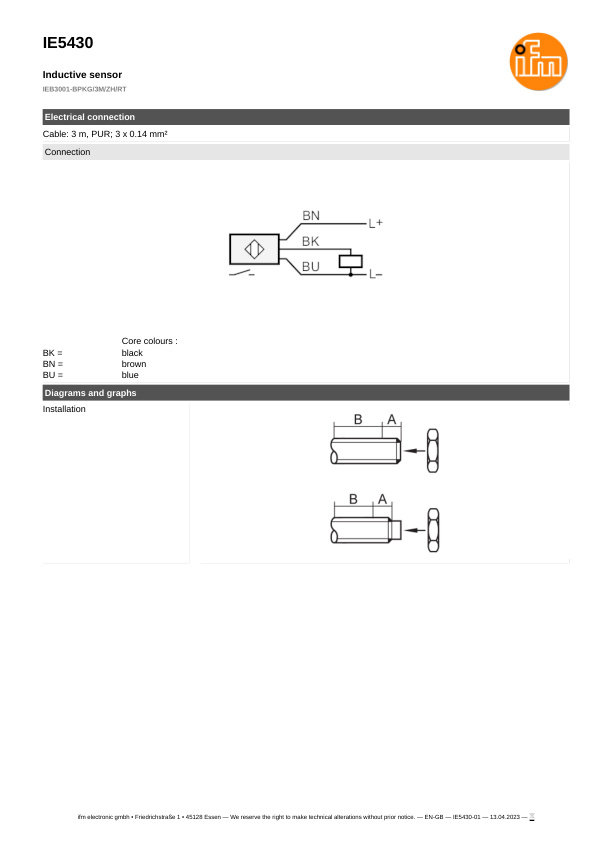 IE5430 \ Inductive sensor \ Range 1 mm \ PNP NO \ M8 \ Cable PUR 3m datasheet