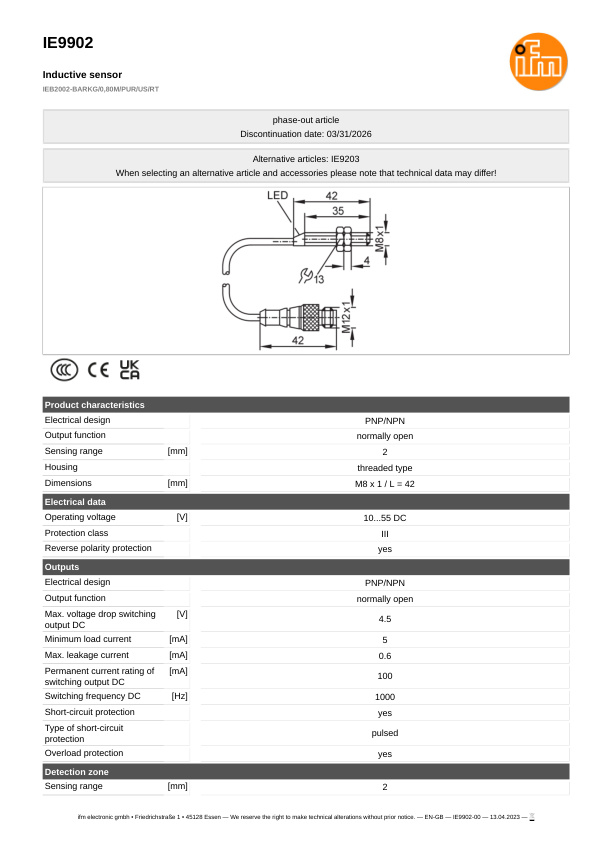IE9902 \ Inductive sensor \ Range 2 mm \ PNP/NPN NO \ M8 \ Connector M12 datasheet