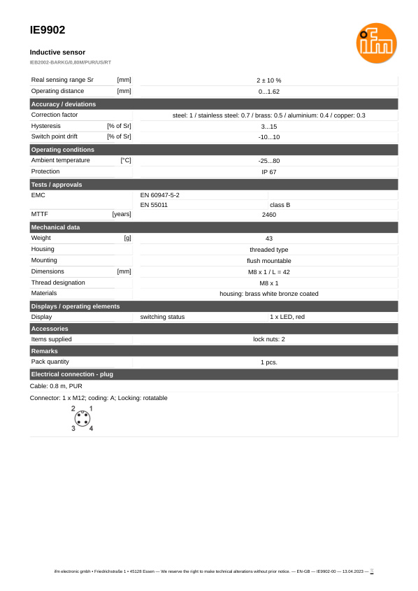 IE9902 \ Inductive sensor \ Range 2 mm \ PNP/NPN NO \ M8 \ Connector M12 datasheet
