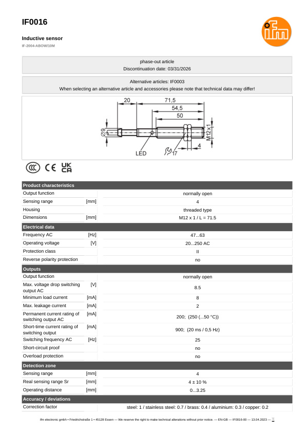 IF0016 \ Inductive sensor \ Range 4 mm \ AC NO \ M12 \ Cable PVC 10m datasheet