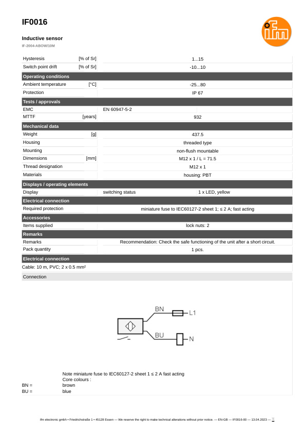 IF0016 \ Inductive sensor \ Range 4 mm \ AC NO \ M12 \ Cable PVC 10m datasheet