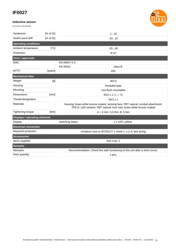 IF0027 \ Inductive sensor \ Range 4 mm \ AC NO \ M12 \ Cable PVC 6 m datasheet