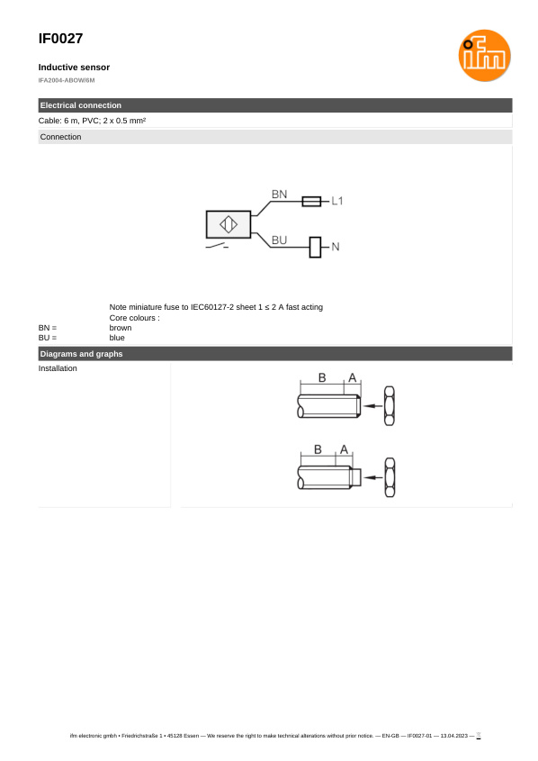 IF0027 \ Inductive sensor \ Range 4 mm \ AC NO \ M12 \ Cable PVC 6 m datasheet