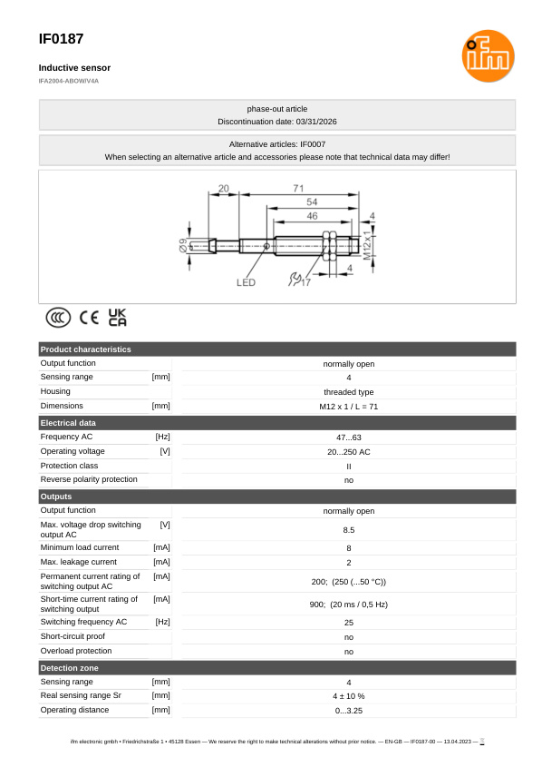 IF0187 \ Inductive sensor \ Range 4 mm \ AC NO \ M12 \ Cable PVC 2m datasheet