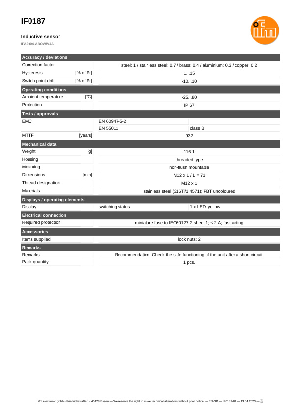 IF0187 \ Inductive sensor \ Range 4 mm \ AC NO \ M12 \ Cable PVC 2m datasheet
