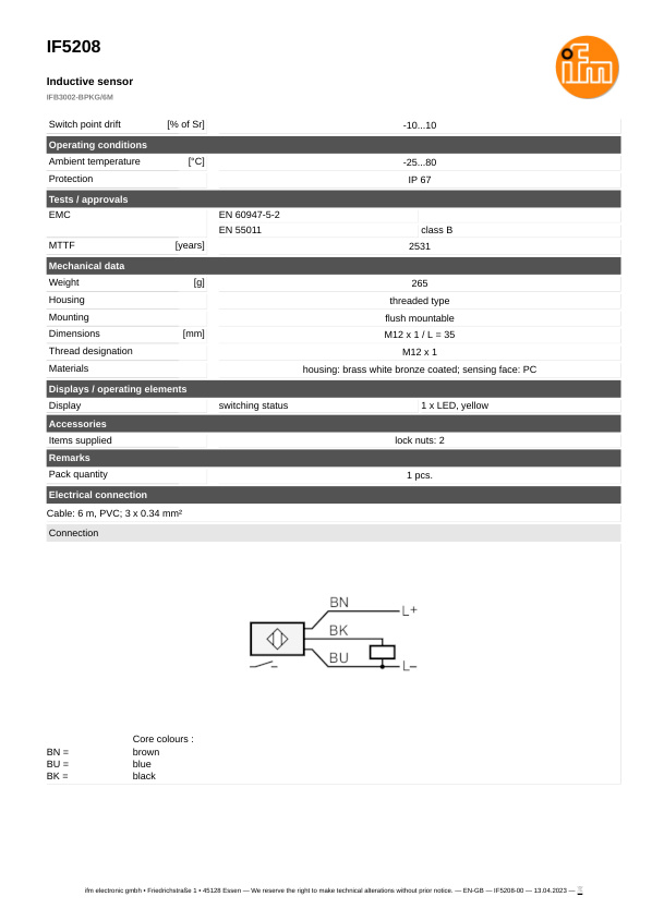 IF5208 \ Inductive sensor \ Range 2 mm \ PNP NO \ M12 \ Cable PVC 6 m datasheet