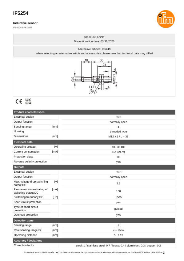 IF5254 \ Inductive sensor \ Range 4 mm \ PNP NO \ M12 \ Cable PVC 6 m datasheet